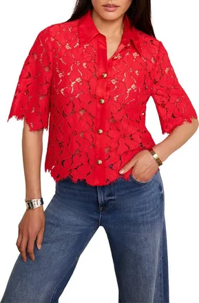 Mint Velvet Lace Short Sleeve Cropped Shirt in Red at Nordstrom, Size X-Large