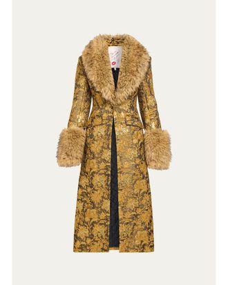 Cinq &agrave; Sept Ivella Floral Jacquard Fur-Trim Coat