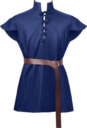 Generic Ailrik Mens Medieval Tunic with Border Mens Short Sleeve Viking Shirt Wars Fancy Dress for Carnival, Y - Blue, XXL