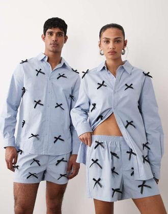 Sister Jane Sister Jane - Pantaloncini unisex in puro cotone blu con motivo gessato e fiocchi in coordinato