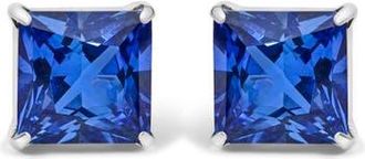 House of Brilliance Platinum 7x7 Lab Created Blue Sapphire Princess Cut Solitaire Stud Earrings at Nordstrom