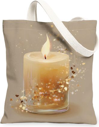 Generic Artistic Candle Canvas Tote Bags, Elegant Light Pattern Reusable Grocery Bags, Vintage Lightweight Washable Shoulder Strap, Beige, 13x15 Inch