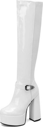 Generic Womens Platform Chunky Heel Knee High Riding Boots with Buckle Detail & Color-Block Design,White,6.5 UK
