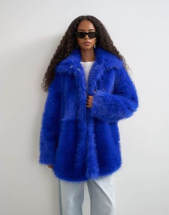 Topshop cappotto midi in pelliccia sintetica blu elettrico