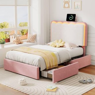 Matteo Single Velvet Bed Frame - LED Headboard, Storage Drawers - Pink Cream