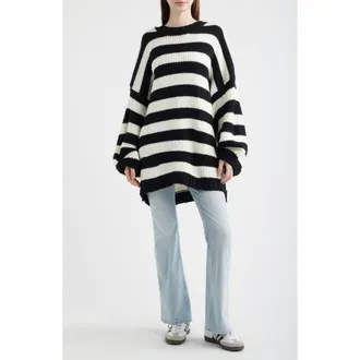 Dressed in Lala Jailbird Stripe Chunky Knit Sweater in Black/White at Nordstrom, Size Large