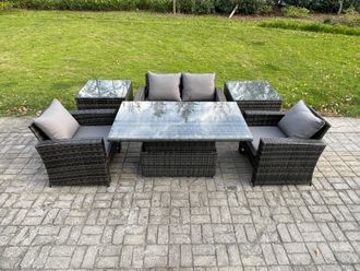 Fimous Outdoor Garden Dining Sets 4 Seater Rattan Patio Furniture Sofa Set with Rising Lifting Table 2 Side Tables in Dark Grey