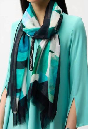 Joseph Ribkoff Geometric Fringed Edges Scarf In Greennmulti