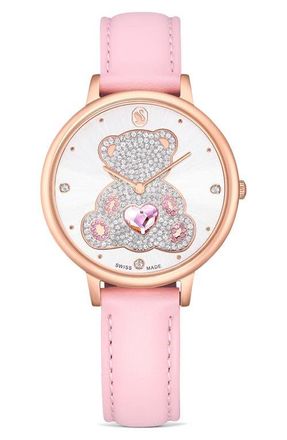Swarovski Crystal Teddy Leather Strap Watch, 35mm in White/Pink at Nordstrom