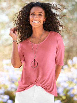 Heine Kurzarmshirt HEINE Shirt, Damen, Gr. 34, rosa (flamingo), 95% Viskose, 5% Elasthan, unifarben, V-Ausschnitt, Shirts Kurzarmshirt