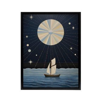 Artery8 Boat Sailing Under Full Moon Framed Canvas Abstract Wall Art Print in Dark Blue | Size: W24 x H32