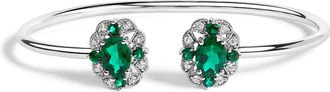 House of Brilliance Sterling Silver White Topaz and Green Emerald Floral Bangle Bracelet 6.5 Inch