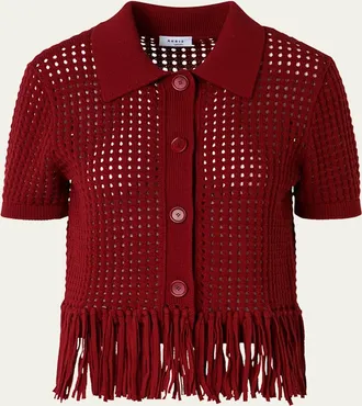 Akris Chunky Cotton Mesh Knit Fringed Collared Cardigan