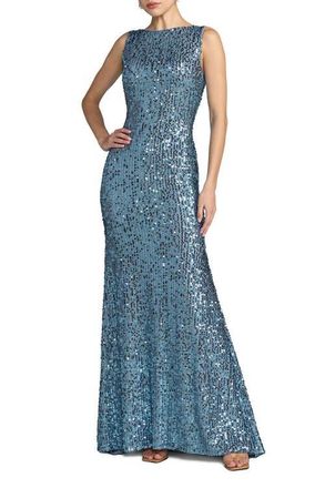 Mac Duggal Petite Sequin Sleeveless Draped Back Evening Gown in Fusion Blue at Nordstrom, Size 12P