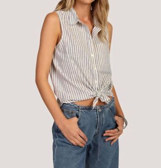 Dylan Whitney Sleeveless Tie Front Top In White/blue