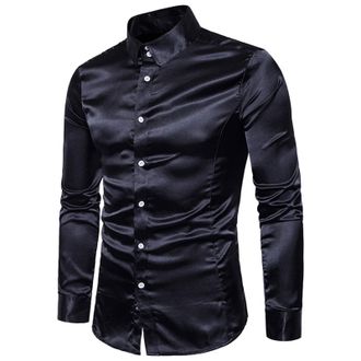 Generic Mens Paisley Satin Dress Shirts Regular Fit Silk Casual Long Sleeve Dance Party Shirt Wrinkle Mens Tuxedo Shirt(Black,XX-Large)