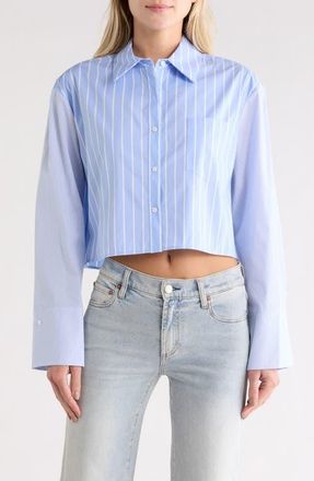 Alice & Olivia Crop Oversize Mixed Stripe Stretch Button-Up Shirt in Oxford Blue Multi at Nordstrom, Size Large
