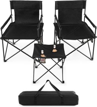 Costway Juego De Sillas Camping Plegable Y Mesa, 2 Sillas Camping Port&aacute;til Y Mesa Auxiliar Con 2 Portavasos, Bolsa De Transporte, Pesca, Picnic, Barbacoa, Neg