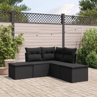vidaXL Set De Muebles De Jard&iacute;n 5 Pzas Y Cojines Rat&aacute;n Sint&eacute;tico Negro Vidaxl
