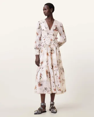 AllSaints Zora Floral Ruffle Midi Dress