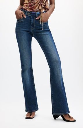 Desigual Embroidered Waistband Flare Leg Jeans in Medium Blue at Nordstrom, Size 40