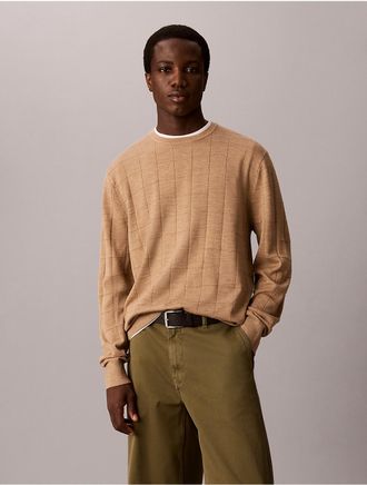 Calvin Klein Mens Merino Grid Crewneck Sweater - Brown - 2XL