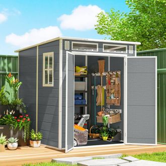 OUTSUNNY 6 x 6 ft Plastic Garden Shed with Floor, Lockable Doors in Grey