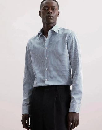 Seidensticker Seidensticker Mens Slim Fit Easy Iron New Kent Striped Business Shirt Dark Teal - Size: 46/Regular
