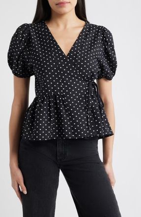 Loveappella Polka Dot Wrap Top in Black/Ivory at Nordstrom, Size X-Small