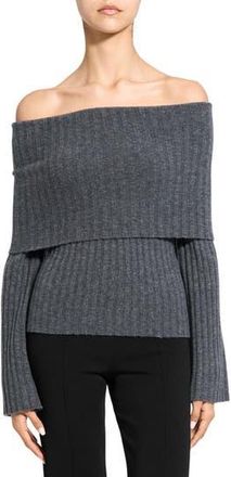 Theory Off the Shoulder Bell Sleeve Merino Wool Blend Sweater in Charcoal at Nordstrom Rack, Size Petite
