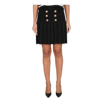 Balmain Short Skirts, female, Black, Size: XS HW 6 BTN Tweed Pleated Short Skirt