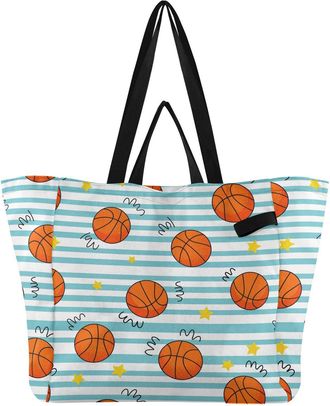 Generic Basketball Blue Stripe print Reusable Canvas Tote Bag, Heavy Duty Grocery Shopping Bag with Large Capacity Double Handles Hard Bottom Work Groceries T