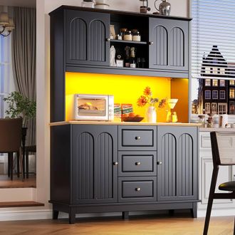 Merax Black Kitchen Pantry Cupboard Cabinet with LED, 3 Drawers & Worktop