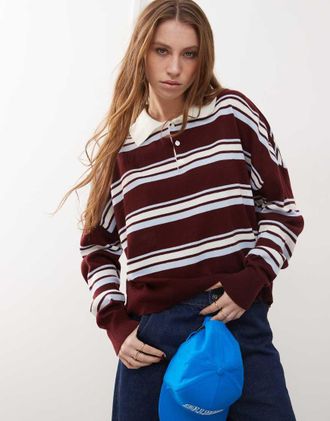 Collusion Polo stripe sweater with rugby collar in burgundy-Red