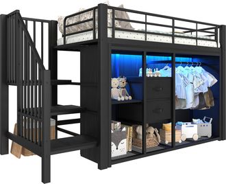 STILVORA Cama Alta 90 X 200 Cm Con 2 Cajones, Perchero Abierto, Led Multicolor Y Almacenamiento, Sin Colch&oacute;n, De Metal, Negro