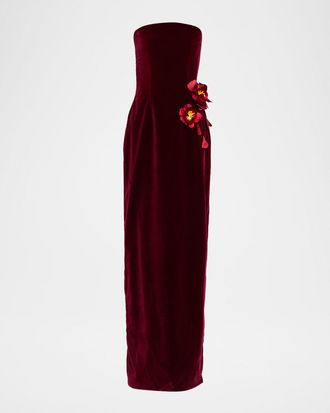 Oscar De La Renta Strapless Flower Embroidered Velvet Gown