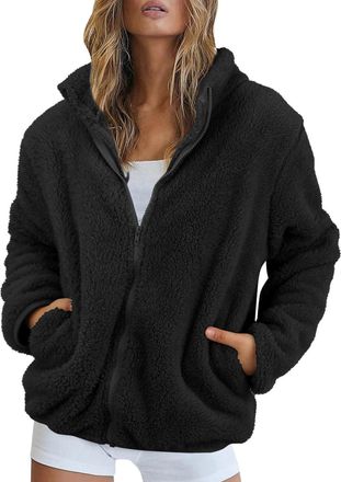 Generic Ladies Fleece Jackets Full Zip No Hood - Ladies Winter Coat Plus Size Solid Color Chunky Cardigan With Pockets Long Sleeve Womens Fuzzy Fleece Coat Wi