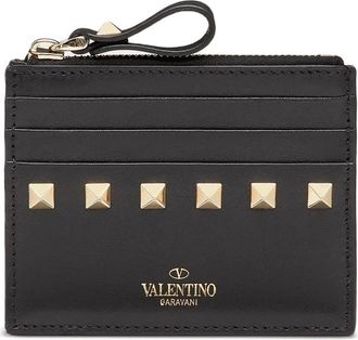 Valentino Garavani Rockstud zipped leather cardholder - women - Calf Leather/Viscose/Zamak/Calf Leather/Metal - One Size - Black