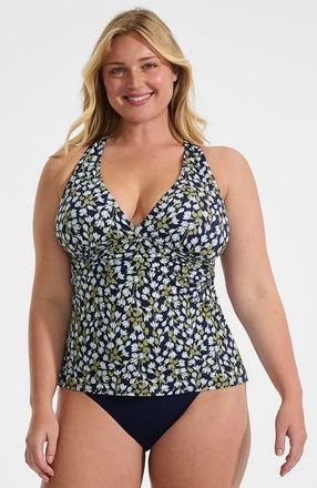 Lands End Plus Size V-Neck Plunge X Back Tankini Top in Navy/exploded Poppy Floral at Nordstrom, Size X-Large