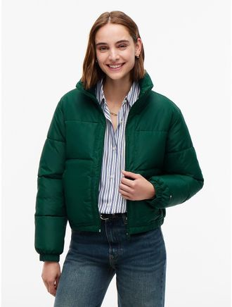Tommy Hilfiger Womens Water-Resistant Cropped Puffer Jacket - Ornamental Green - XXL