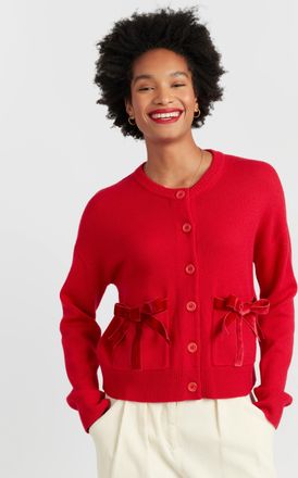 Chinti and Parker Velvet-Red Merino Wool Velvet Bow Cardigan