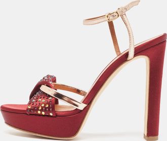 Malone Souliers Burgundy/gold Satin And Leather Embellished Platform Sandals