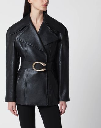 Gucci Giacca nera in pelle con cintura Dionysus
