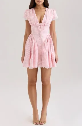 House of CB Emiliana Corset Gingham Cocktail Minidress in Pink Gingham at Nordstrom, Size X-Small