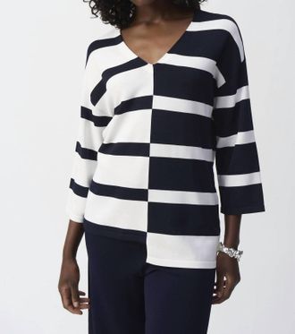 Joseph Ribkoff Striped Sweater Knit V-Neck Pullover Sweater In Midnight Blue/ Vanilla
