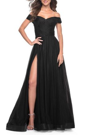 La Femme A-Line Tulle Prom Dress with Off the Shoulder Top in Black at Nordstrom, Size 10