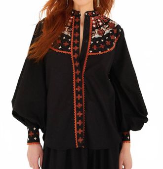 Farm Rio Embroidered Button Front Blouse In Black