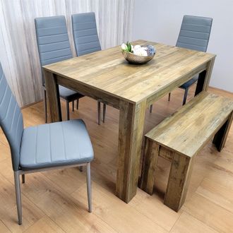 Kosy Koala Modern Rustic Dining Table Set Wooden Table with 4 Grey Chairs & Bench - Dining Furniture Set in Brown