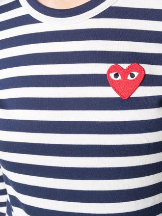 Comme Des Gar&ccedil;ons Striped Cotton with Heart Logo Patch T-Shirt - Navy