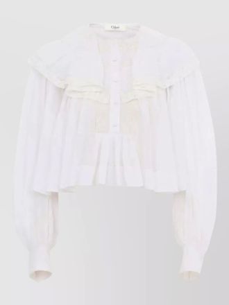 Chlo&eacute; cotton voile lace top long sleeves ruffles